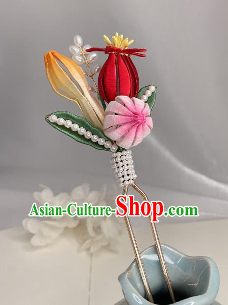 Chinese Handmade Silk Flowers Hair Stick Traditional Song Dynasty Princess Pearls Hairpin