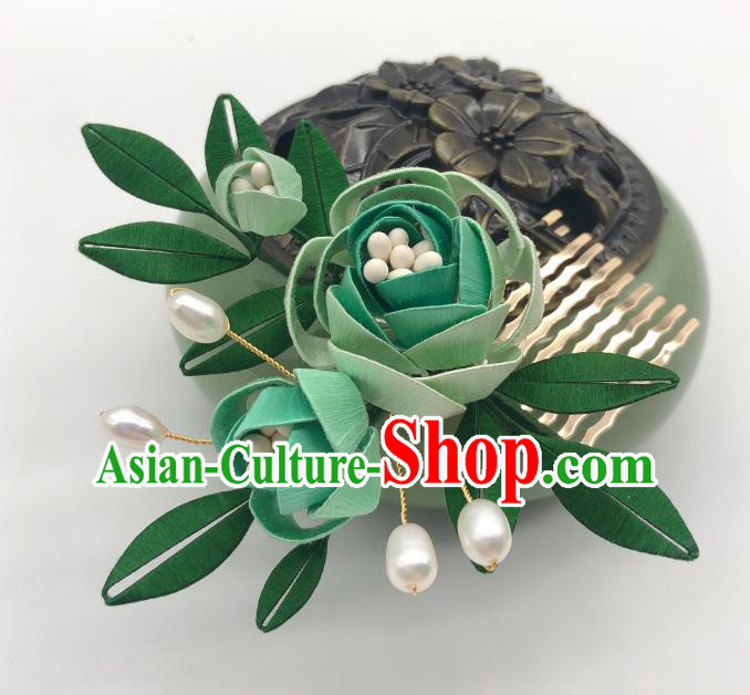 Chinese Traditional Ming Dynasty Princess Hair Stick Handmade Green Rose Hair Comb