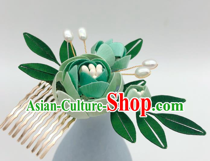 Chinese Traditional Ming Dynasty Princess Hair Stick Handmade Green Rose Hair Comb