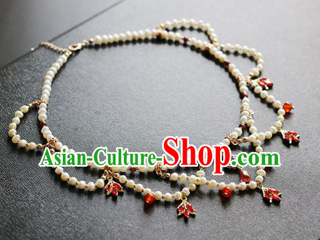 China Traditional Hanfu Red Crystal Necklace Accessories Handmade Pearls Necklet Jewelry