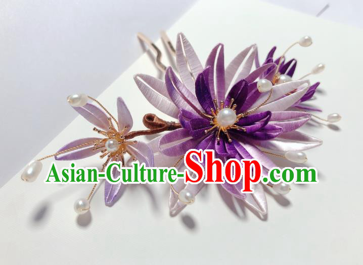 Chinese Traditional Qing Dynasty Palace Lady Hair Stick Handmade Purple Silk Epiphyllum Hairpin