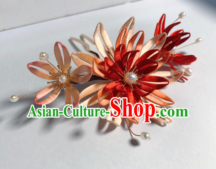 Chinese Traditional Song Dynasty Epiphyllum Hair Stick Handmade Red Silk Flowers Hairpin