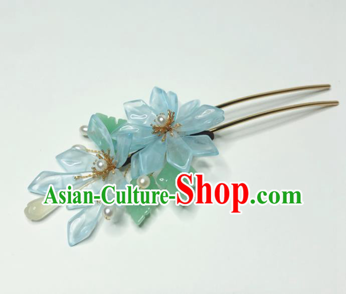 Chinese Traditional Ming Dynasty Princess Hair Stick Handmade Blue Flowers Hairpin