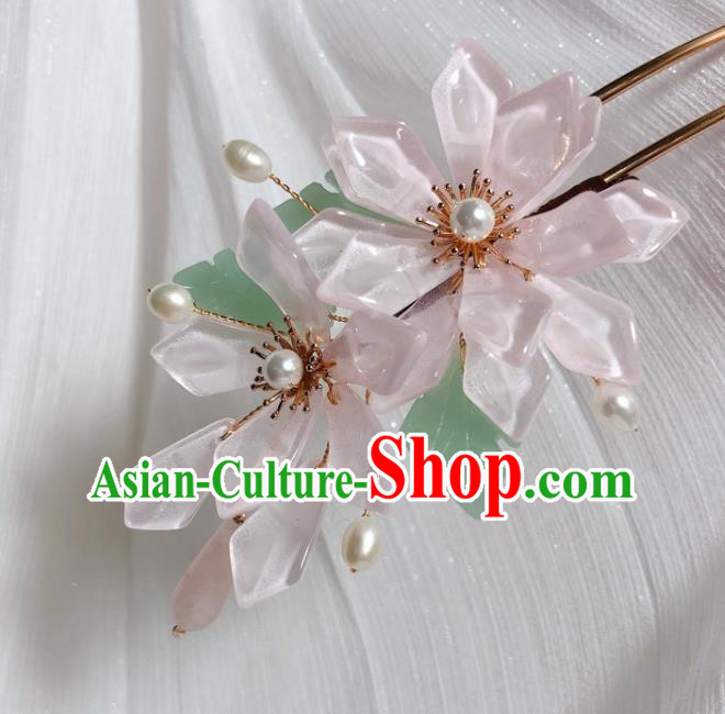 Chinese Handmade Light Pink Flowers Hairpin Traditional Ming Dynasty Young Beauty Hair Clip