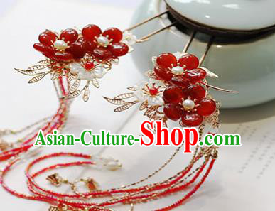 Chinese Handmade Plum Blossom Hair Stick Traditional Ming Dynasty Princess Red Beads Tassel Hairpin