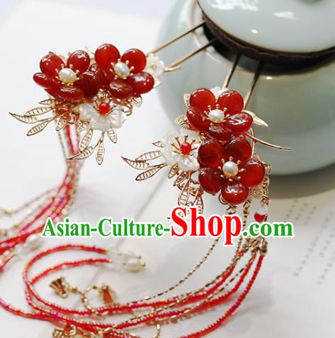 Chinese Handmade Plum Blossom Hair Stick Traditional Ming Dynasty Princess Red Beads Tassel Hairpin