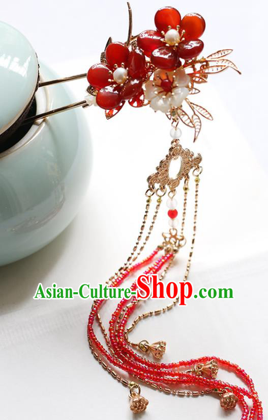 Chinese Handmade Plum Blossom Hair Stick Traditional Ming Dynasty Princess Red Beads Tassel Hairpin