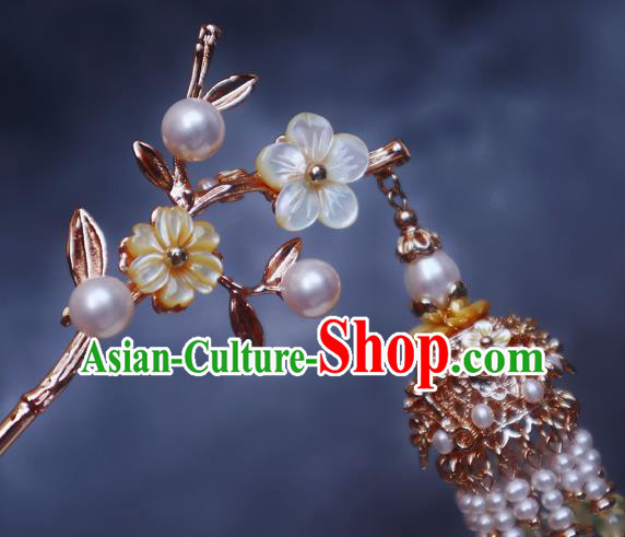 Chinese Handmade Shell Plum Blossom Hair Stick Traditional Ming Dynasty Princess Pearls Tassel Hairpin