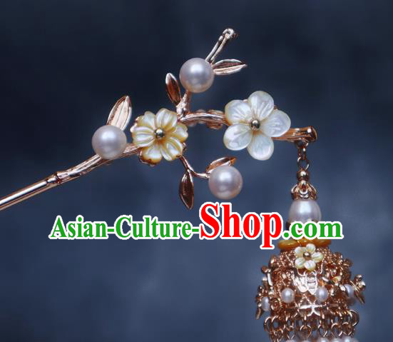 Chinese Handmade Shell Plum Blossom Hair Stick Traditional Ming Dynasty Princess Pearls Tassel Hairpin