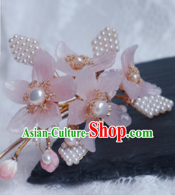 Chinese Handmade Pearls Hair Stick Traditional Ming Dynasty Princess Pink Mangnolia Hairpin