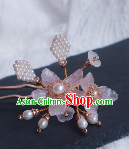 Chinese Handmade Pearls Hair Stick Traditional Ming Dynasty Princess Pink Mangnolia Hairpin