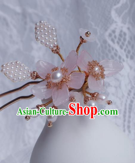 Chinese Handmade Pearls Hair Stick Traditional Ming Dynasty Princess Pink Mangnolia Hairpin
