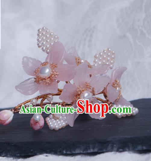 Chinese Handmade Pearls Hair Stick Traditional Ming Dynasty Princess Pink Mangnolia Hairpin