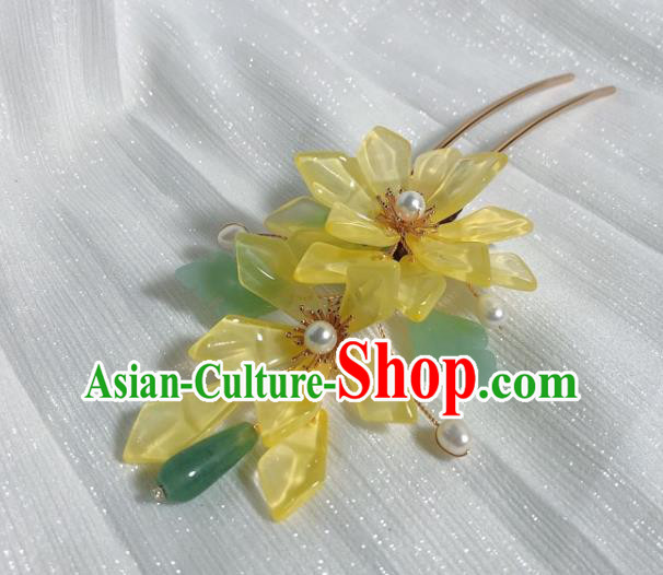 Chinese Handmade Hanfu Hairpin Traditional Ming Dynasty Palace Lady Yellow Flowers Hair Stick