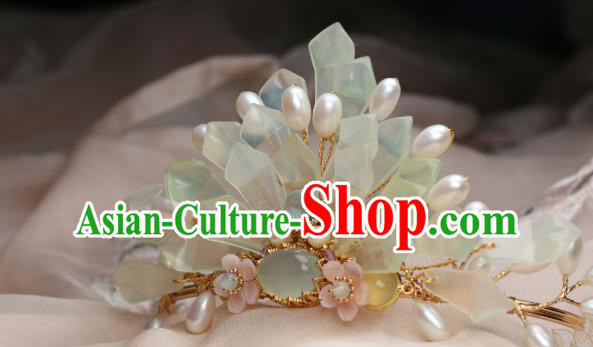 Chinese Handmade Pearls Hairpin Traditional Ming Dynasty Palace Lady Hair Crown