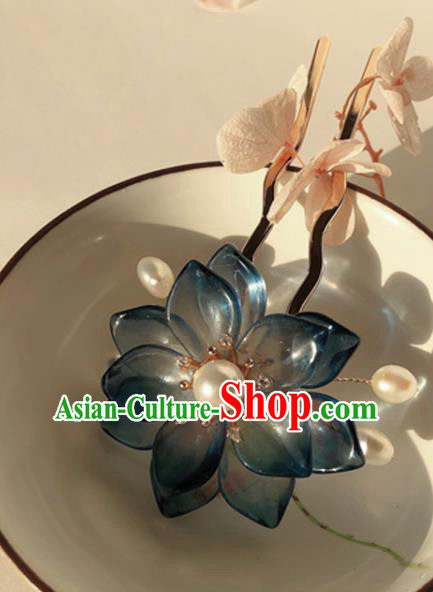Chinese Handmade Pearls Hairpin Traditional Ming Dynasty Palace Lady Navy Lotus Hair Stick