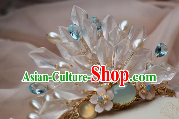 Chinese Handmade White Crystal Hairpin Traditional Ming Dynasty Palace Lady Chalcedony Hair Crown