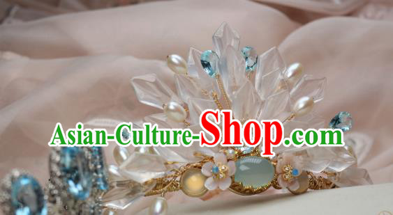 Chinese Handmade White Crystal Hairpin Traditional Ming Dynasty Palace Lady Chalcedony Hair Crown