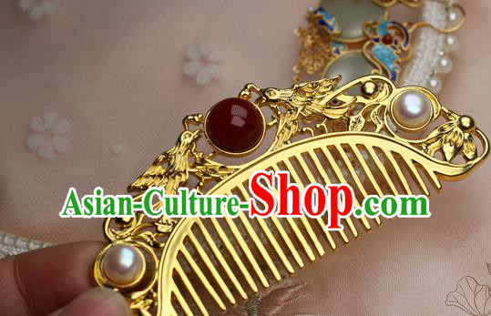 Chinese Handmade Agate Pearls Hairpin Traditional Ming Dynasty Empress Golden Hair Comb