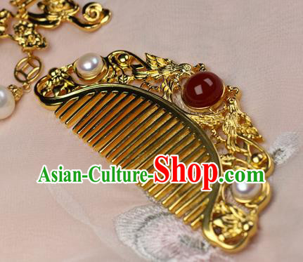 Chinese Handmade Agate Pearls Hairpin Traditional Ming Dynasty Empress Golden Hair Comb