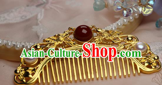 Chinese Handmade Agate Pearls Hairpin Traditional Ming Dynasty Empress Golden Hair Comb