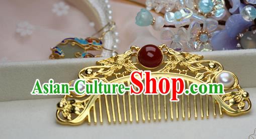 Chinese Handmade Agate Pearls Hairpin Traditional Ming Dynasty Empress Golden Hair Comb