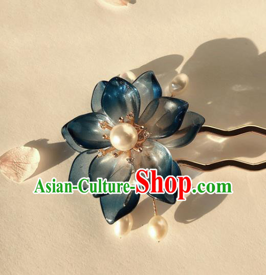 Chinese Handmade Pearls Hairpin Traditional Ming Dynasty Palace Lady Navy Lotus Hair Stick