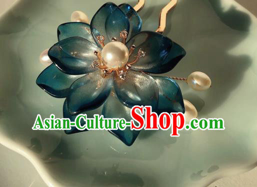 Chinese Handmade Pearls Hairpin Traditional Ming Dynasty Palace Lady Navy Lotus Hair Stick