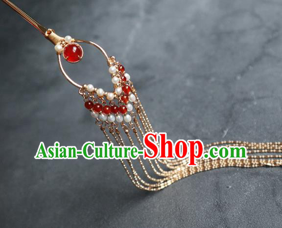 Chinese Handmade Golden Long Tassel Hair Stick Traditional Ming Dynasty Hairpin Accessories