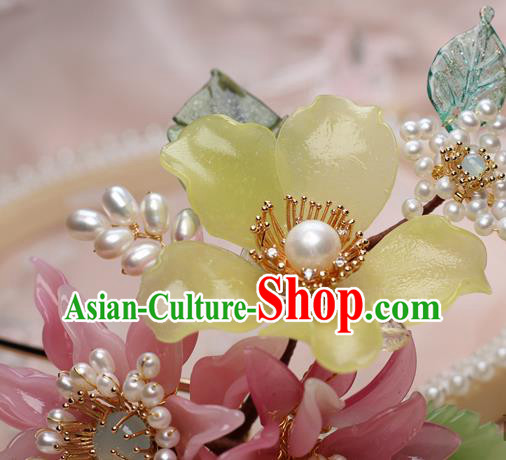 Chinese Handmade Pink Flowers Hairpin Traditional Ming Dynasty Lily Flower Hair Stick