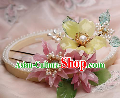 Chinese Handmade Pink Flowers Hairpin Traditional Ming Dynasty Lily Flower Hair Stick