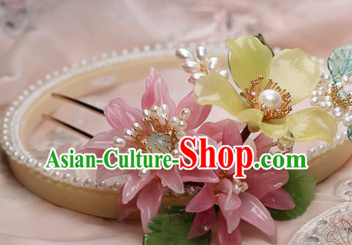 Chinese Handmade Pink Flowers Hairpin Traditional Ming Dynasty Lily Flower Hair Stick