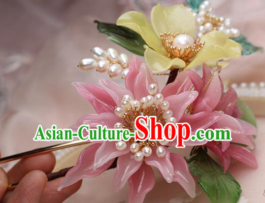 Chinese Handmade Pink Flowers Hairpin Traditional Ming Dynasty Lily Flower Hair Stick