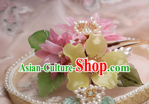 Chinese Handmade Pink Flowers Hairpin Traditional Ming Dynasty Lily Flower Hair Stick
