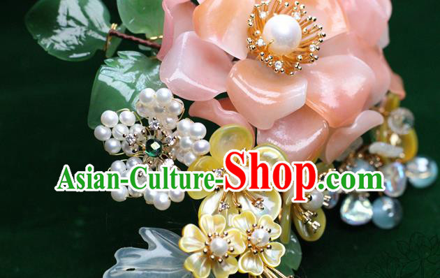 Chinese Handmade Shell Plum Hairpin Traditional Ming Dynasty Pink Rose Hair Stick
