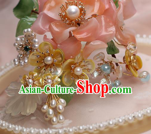Chinese Handmade Shell Plum Hairpin Traditional Ming Dynasty Pink Rose Hair Stick