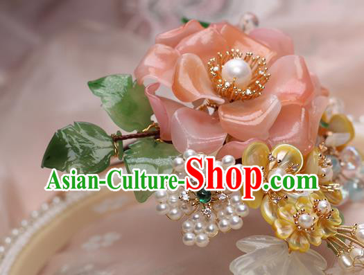 Chinese Handmade Shell Plum Hairpin Traditional Ming Dynasty Pink Rose Hair Stick