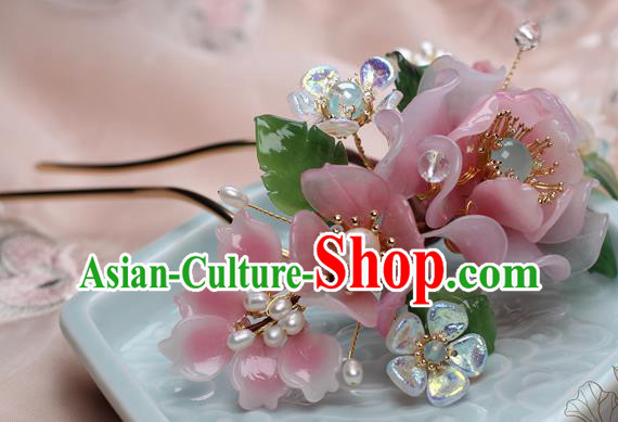 Chinese Handmade Ming Dynasty Pink Peony Hairpin Traditional Plastic Flowers Hair Stick
