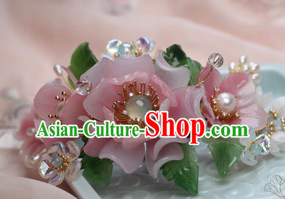 Chinese Handmade Ming Dynasty Pink Peony Hairpin Traditional Plastic Flowers Hair Stick