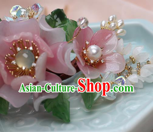 Chinese Handmade Ming Dynasty Pink Peony Hairpin Traditional Plastic Flowers Hair Stick