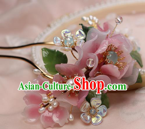 Chinese Handmade Ming Dynasty Pink Peony Hairpin Traditional Plastic Flowers Hair Stick