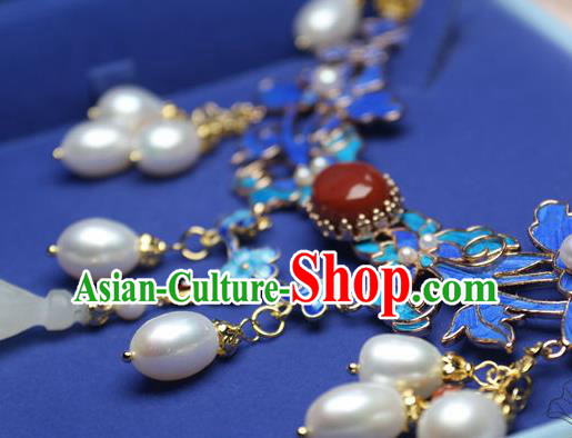 China Traditional Ming Dynasty Jade Mangnolia Tassel Necklet Accessories Handmade Hanfu Blueing Necklace
