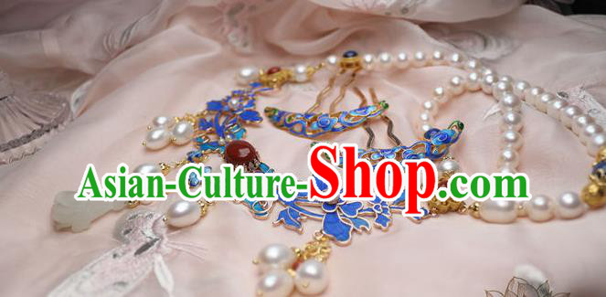 China Traditional Ming Dynasty Jade Mangnolia Tassel Necklet Accessories Handmade Hanfu Blueing Necklace