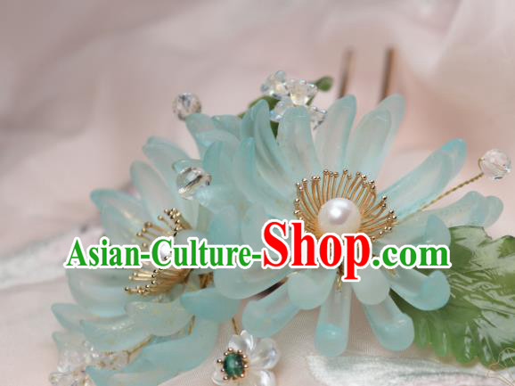 Chinese Handmade Ming Dynasty Hairpin Traditional Ancient Princess Blue Chrysanthemum Hair Stick