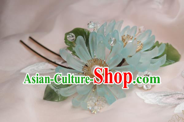 Chinese Handmade Ming Dynasty Hairpin Traditional Ancient Princess Blue Chrysanthemum Hair Stick