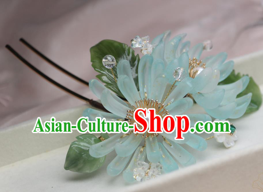Chinese Handmade Ming Dynasty Hairpin Traditional Ancient Princess Blue Chrysanthemum Hair Stick