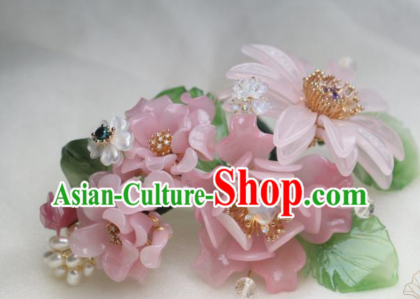 Chinese Handmade Headwear Ming Dynasty Hairpin Traditional Ancient Princess Pink Peony Hair Stick