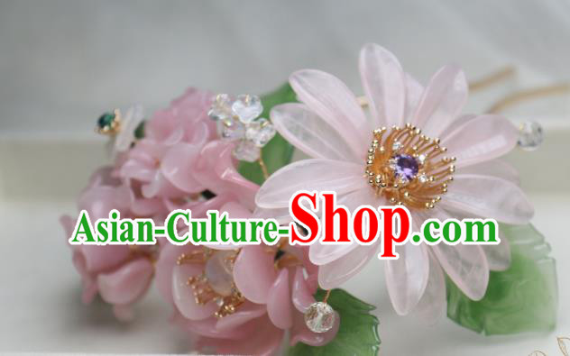 Chinese Handmade Headwear Ming Dynasty Hairpin Traditional Ancient Princess Pink Peony Hair Stick