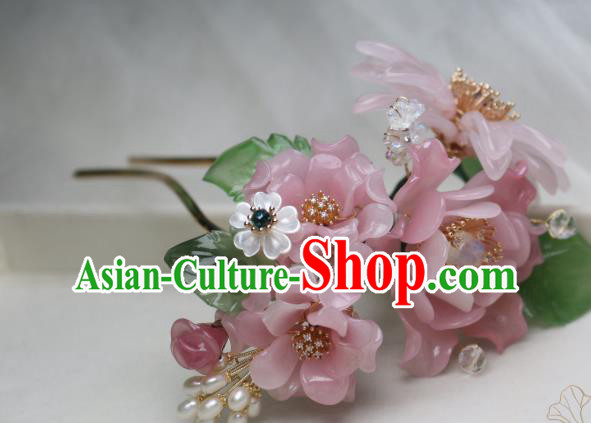 Chinese Handmade Headwear Ming Dynasty Hairpin Traditional Ancient Princess Pink Peony Hair Stick