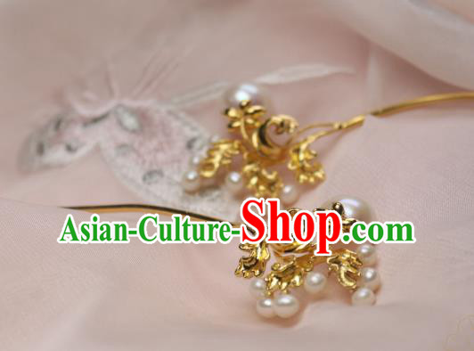 Chinese Handmade Tang Dynasty Golden Hairpin Traditional Ancient Princess Pearls Hair Stick Headpiece